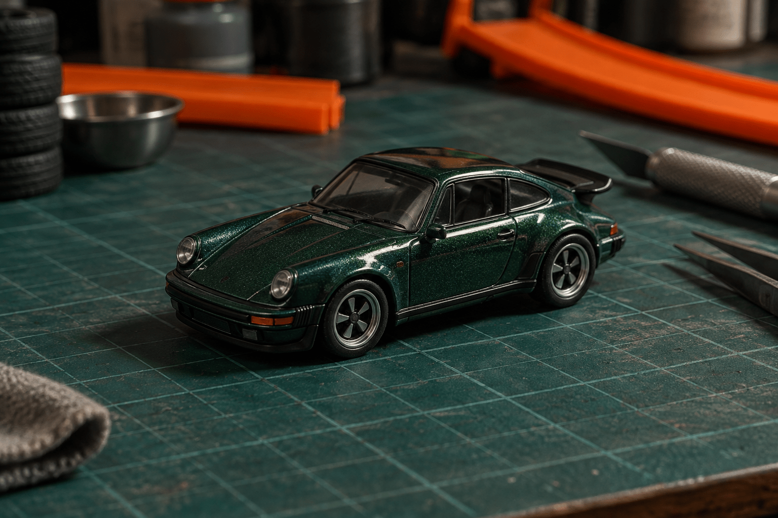 Coche diecast verde sobre una mesa de modelismo